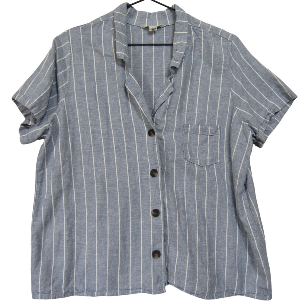 Hang Ten Button Front Shirt Womens XL Blue White Striped Linen‎ Blend Excellent